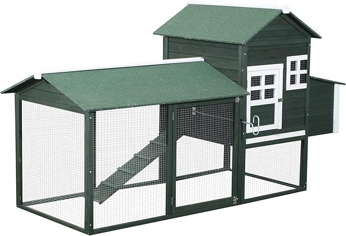 PawHut 84" Wooden Chicken House, Chicken Coop Poultry Hen Cage with Covered Big Run, Green