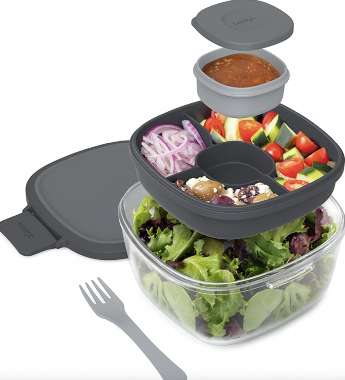 Bentgo Glass All-in-One Salad Container, Large 61-oz Salad Bowl with Lid, 4-Compartment Bento-Style Tray, 3-oz Sauce Container, and Reusable Fork, Dishwasher, Microwave, and Oven Safe (Dark Gray)