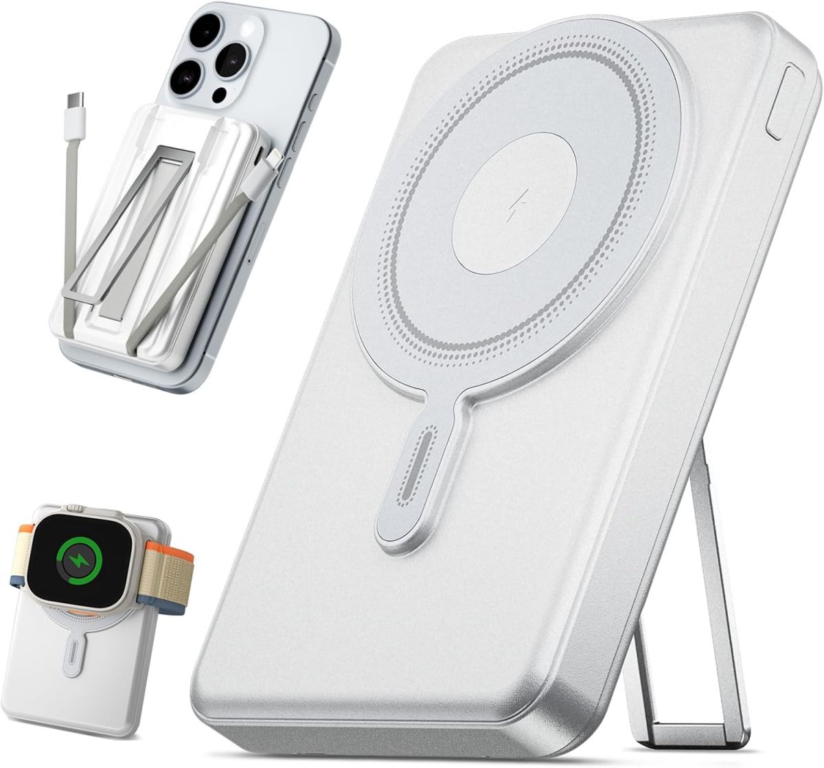 eazpower Magsafe 5-in-1 Wireless Charger and Magnetic Battery for iPhone Apple Watch with Stand and 10000mAh Capacity (White)