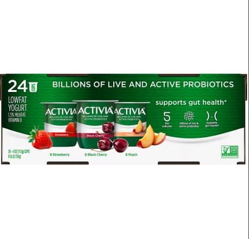 Activia Delicious Lowfat Peach, Strawberry & Black Cherry Yogurt Variety Pack, 24 pk./4 oz