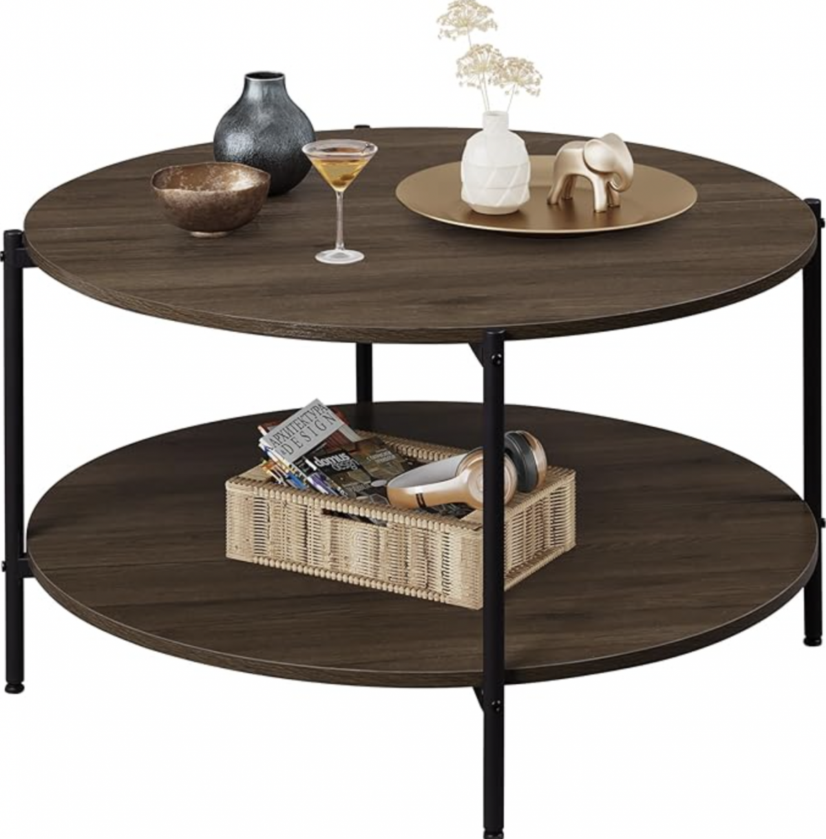 WLIVE Round Coffee Table for Living Room, 32.6" Circle Coffee Table with Open Storage Shelf, 2-Tier Industrial Round Wood Center Table for Bedroom, Home Office, Brown Walnut