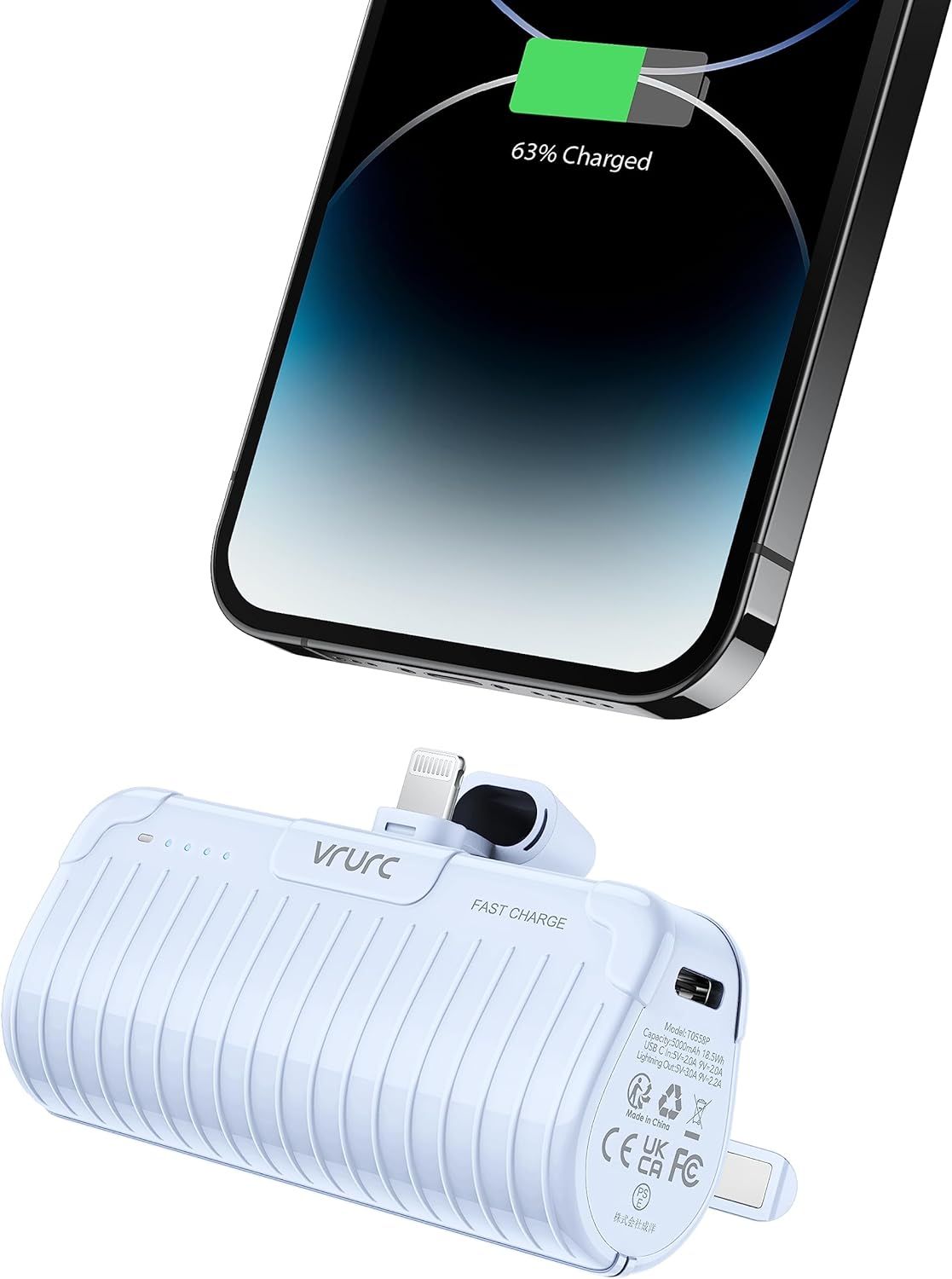 VRURC Mini 5000mAh Power Bank for iPhone with 20W Fast Charging Slim Design in Blue