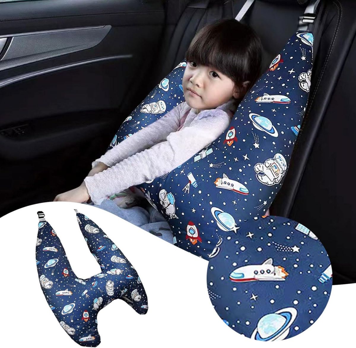 WONGKCDD Child Travel Pillow and Headrest with Car Seat Belt Adjuster for Neck and Shoulder Comfort (Navy)