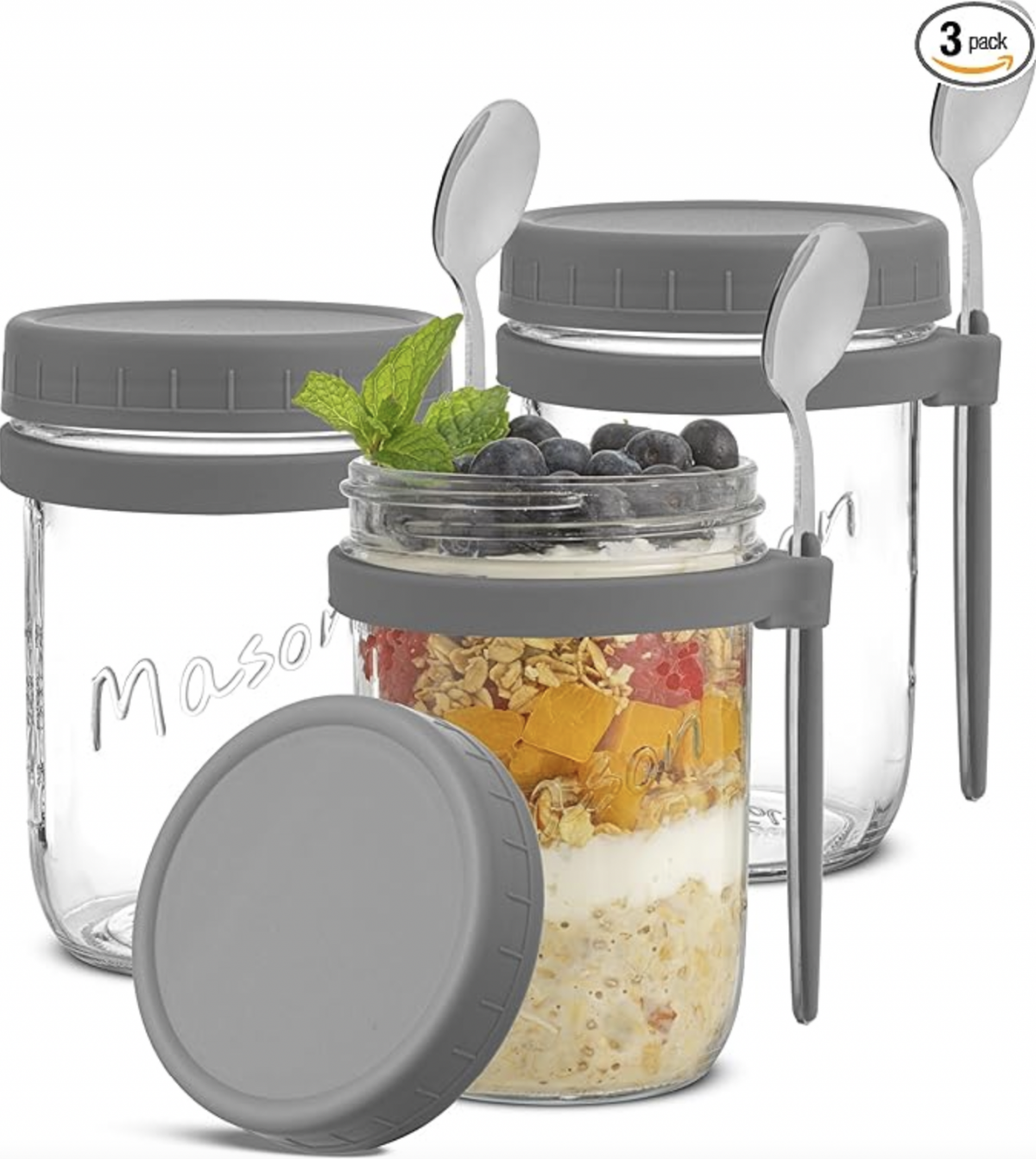 JoyJolt 3-Pack Overnight Oats Containers with Lids and Spoons Set, 16 oz Mason Jars for Overnight Oats, Chia Pudding Jars with Lids - BPA-Free, Leak Proof Small Containers with Lids for Meal Prep