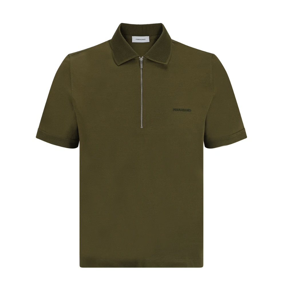 Salvatore Ferragamo Logo-Embroidered Knitted Polo Shirt In Green