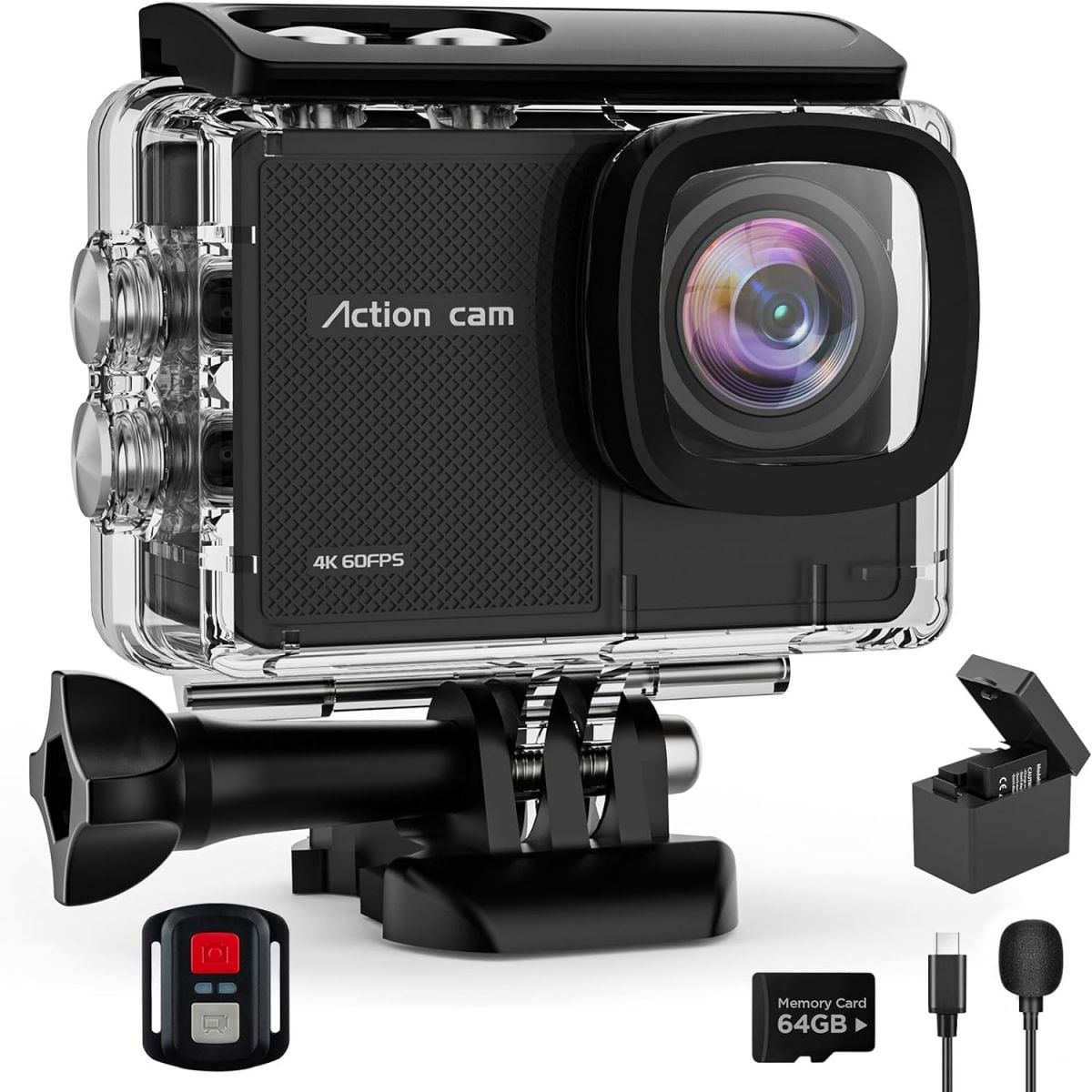 Yolansin 4K Waterproof Action Camera with 64GB Card 60FPS 48MP EIS and 170° Wide Angle with 2 Batteries and Helmet Mount