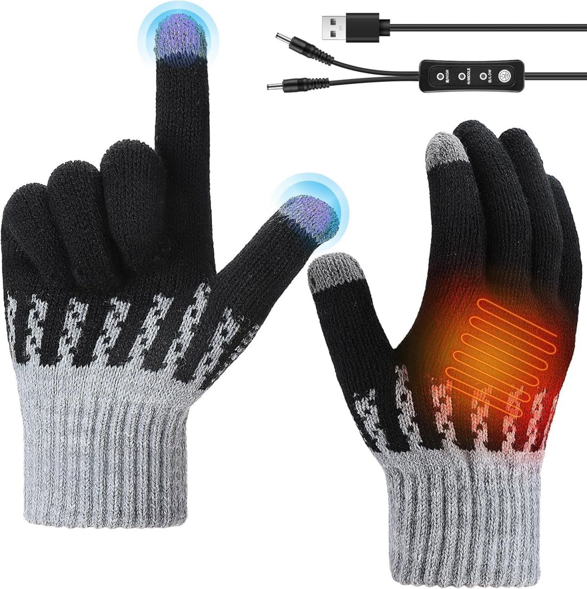 WIOR Heated USB Winter Gloves for Men and Women with Touchscreen Compatibility Full Finger Design and Adjustable Temperature
