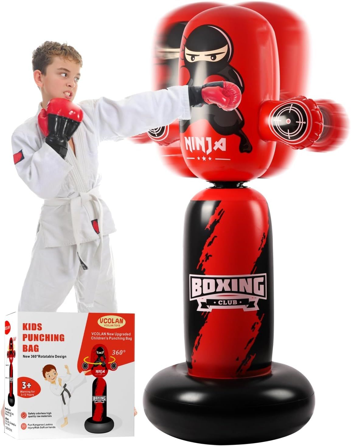 VCOLAN 63-Inch Inflatable Boxing Bag for Kids with 360° Rotation Fun Ninja Training Toy for Boys Ages 5-12