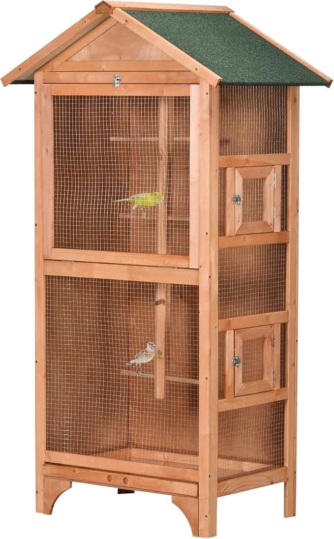PawHut Wooden Outdoor Bird Cage with Removable Bottom Tray 4 Perch, Orange