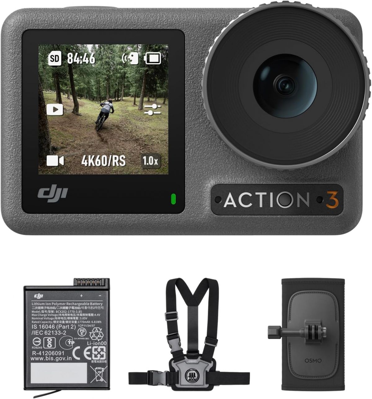 DJI Osmo Action 3 4K Action Camera with Chest & Backpack Mount Waterproof and Cold-Resistant 320min Battery