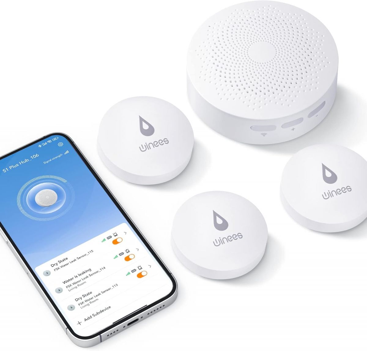 winees Smart Water Leak Alert System 3-Pack with 100dB Alarm and Real-Time Email & SMS Notifications