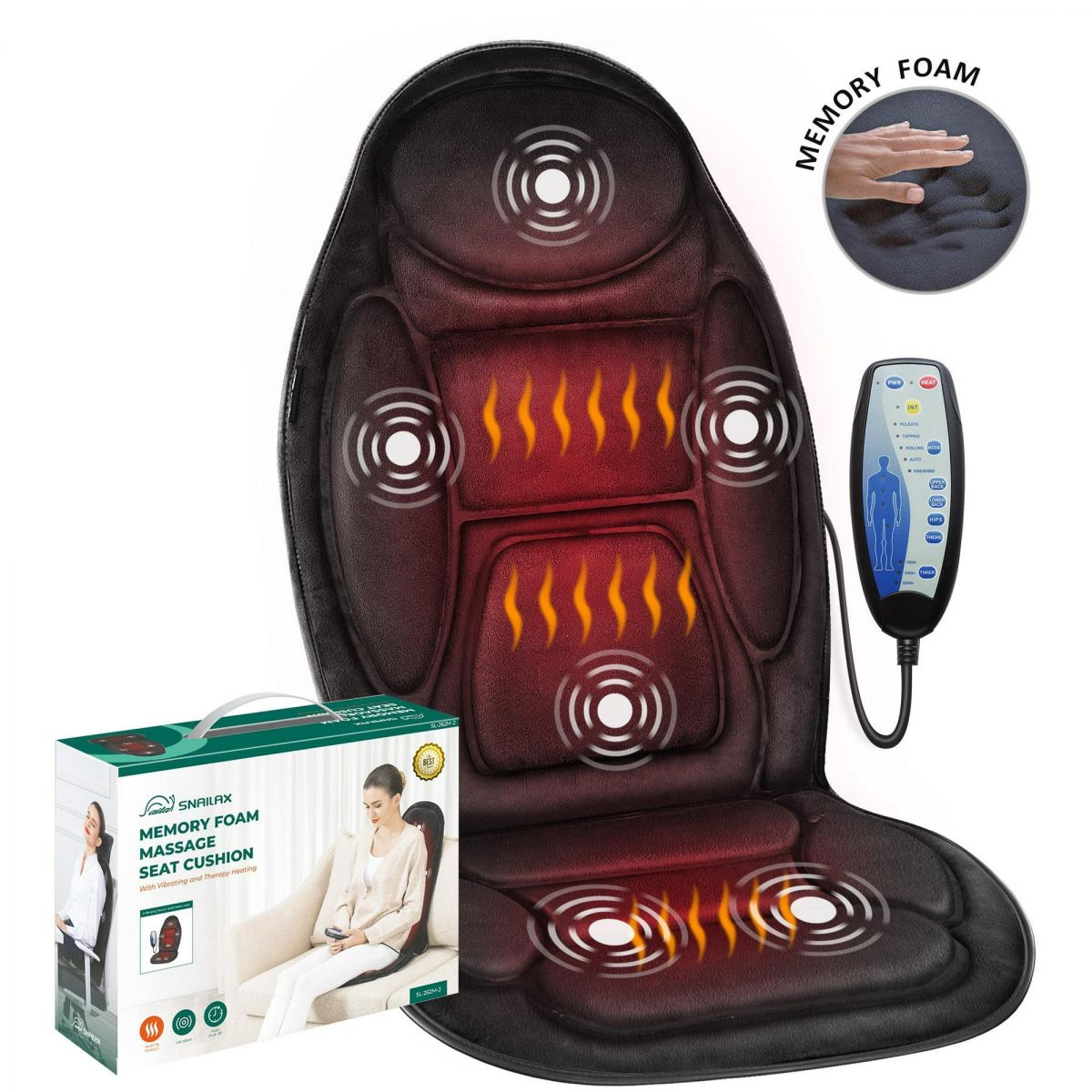 Snailax Car Heated Memory Foam Back Massager Pad Relaxing Seat Cushion for Car & Home