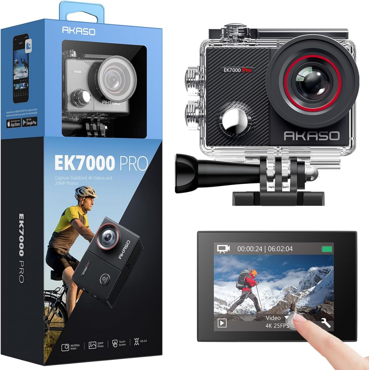AKASO 4K Action Camera with Touchscreen EIS Waterproof Remote & 5X Zoom plus Helmet Mount Kit