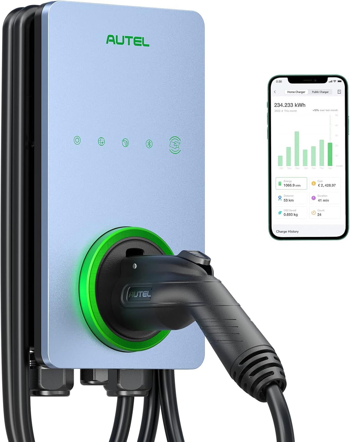 Autel 50Amp Level 2 EV Charger Indoor/Outdoor WiFi and Bluetooth 25-Foot Cable Charging Station