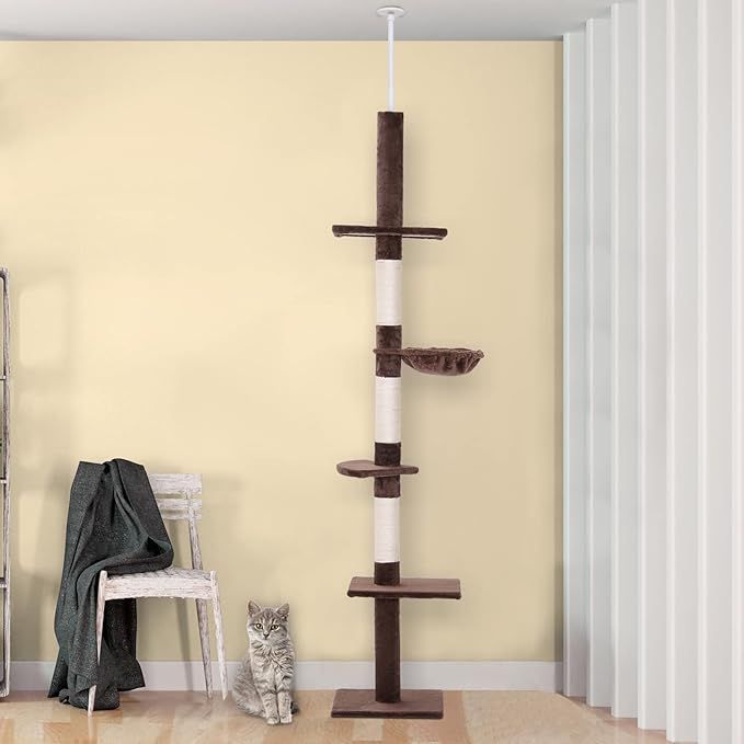 PawHut Cat Tree with Adjustable Height Floor-To-Ceiling Vertical, Brown and White