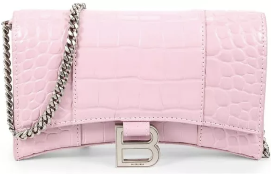 Balenciaga Women's Croc Embossed Leather Wallet On Chain - Pink
