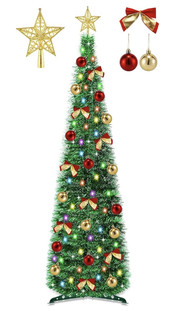 5.5 Ft Pop Up Pencil Christmas Tree with Timer 60 Warm White & Multicolor Change Lights, Pop Up Tinsel Christmas Tree with 16 Ball Ornaments 8 Bows 1 Minute Xmas Tree Home Indoor Christmas Decorations