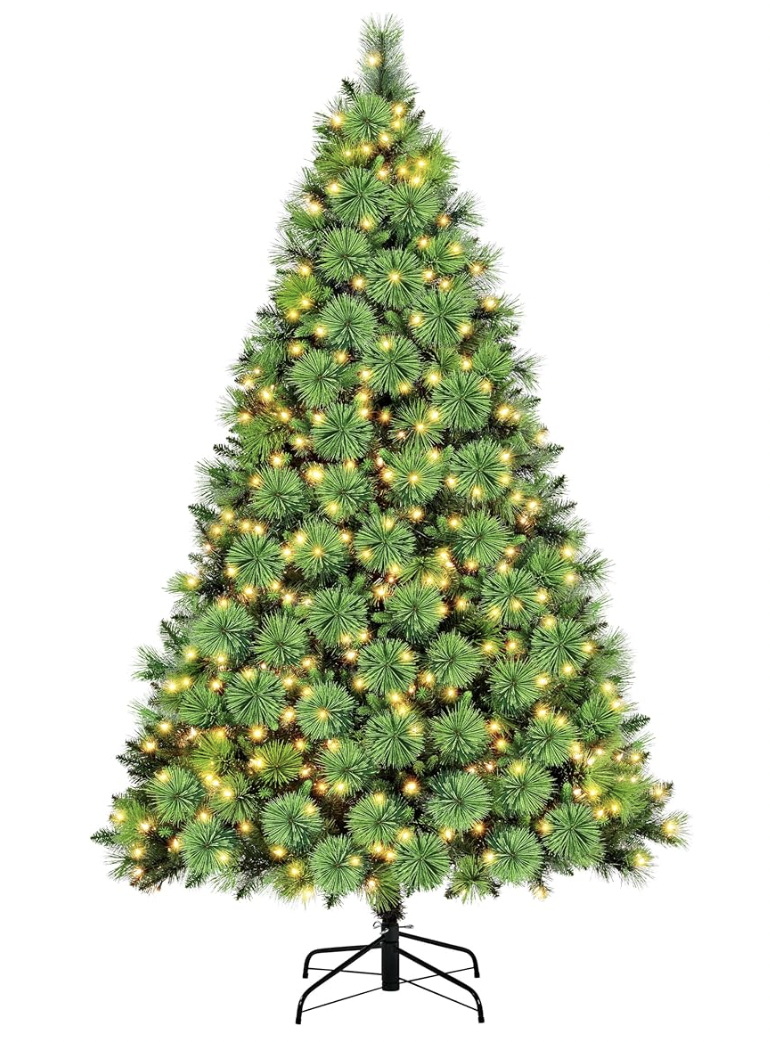 Yaheetech 7.5ft Pre-Lit Christmas Tree w/600 Warm White Incandescent Lights, Hinged Realistic Tree with PE & PVC 1365 Branch Tips, Indoor Decoration for Home Party