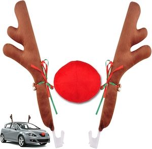 Angooni Christmas Car Antlers and Rudolph Nose Decoration with Jingle Bell for Cheer Large