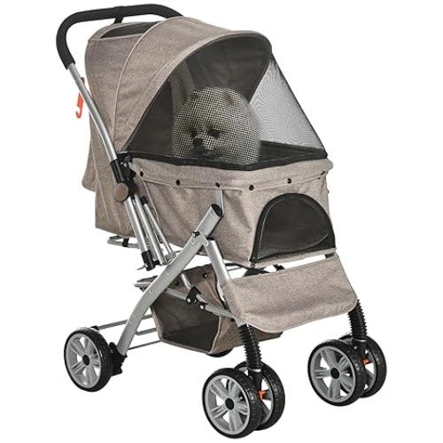 PawHut Fold Pet Stroller with Swivel Wheels, 4 Wheels One-Click, Brake, Basket Storage, Safety Belts, Adjustable Canopy, Zippered Mesh Window Door, Brown