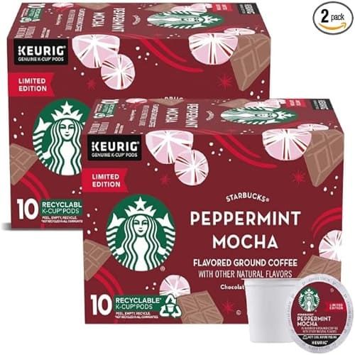 Starbucks Peppermint Mocha Flavored Ground Coffee, Recyclable Keurig Genuine K-Cup Pods, 10 CT K-Cups/Box (Pack of 2)