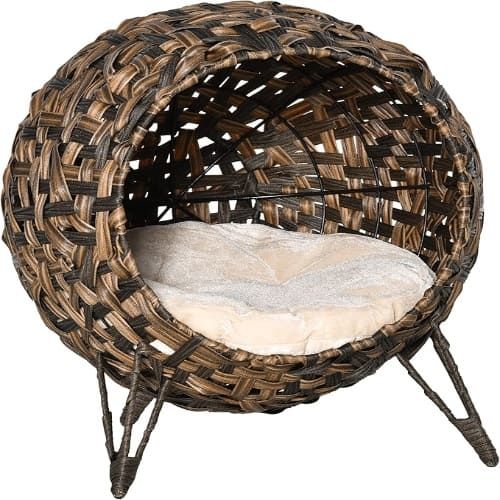 PawHut Elevated Hand-woven Braided Banana Leaf Kitten House Condo with Cushion, 20.6", Brown