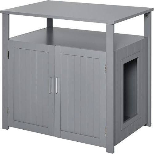 PawHut Wooden Cat Litter Box with Adjustable Partition, Cat Washroom End Table with Open Shelf, Gray