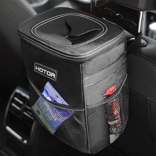HOTOR Leak-Proof Car Trash Bin with Lid and Storage Pockets Waterproof 2 Gallon