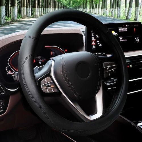 HOTOR Universal Leather Steering Wheel Cover for 14.5"-15" Wheels Black