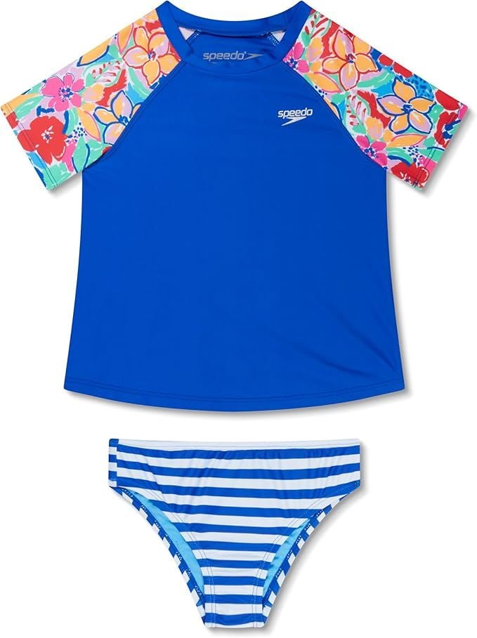 Speedo Girls' Two-Piece Swimsuit with Short Sleeve Rash Guard and Printed Design