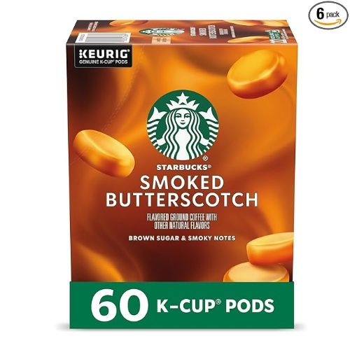 Starbucks 60 K-Cup Pods, Smoked Butterscotch Naturally Flavored Coffee for Keurig Coffee Makers, 100% Arabica, Limited Edition, 6 Boxes