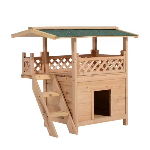 PawHut 2-Story Wooden Cat House Shelter with Balcony Roof, Natural