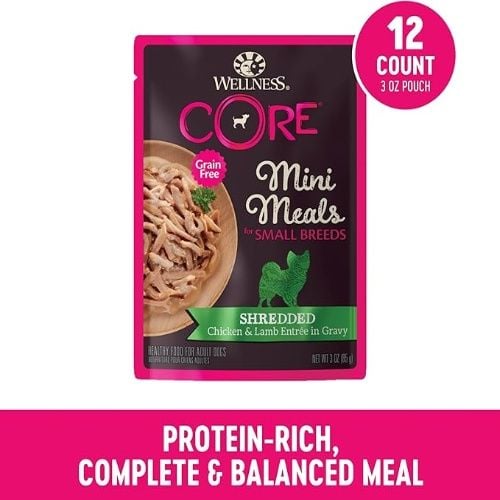 Wellness CORE Natural Grain Free Wet Dog Food, Shredded Chicken & Lamb Entrée in Gravy, 3 oz Pouch, 12 Pack
