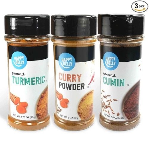 Happy Belly Indian Spices (Turmeric, Cumin, Curry Powder), 3 Piece Set