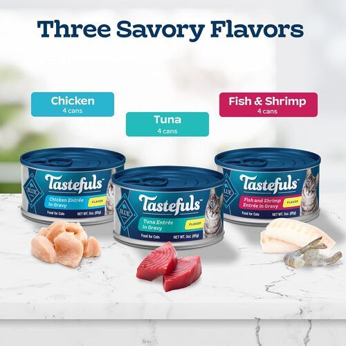 Blue Buffalo Tastefuls Natural Wet Food for Adult Cats, Variety Pack, Made with Tuna, Chicken, Fish & Shrimp, 3 oz Cans