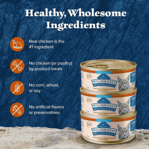Blue Buffalo Wilderness Wild Delights Meaty Morsels, Natural Food for Cats, Chicken & Turkey Recipe in Tasty Gravy, Grain-Free, 3 oz, Can, Case of 24