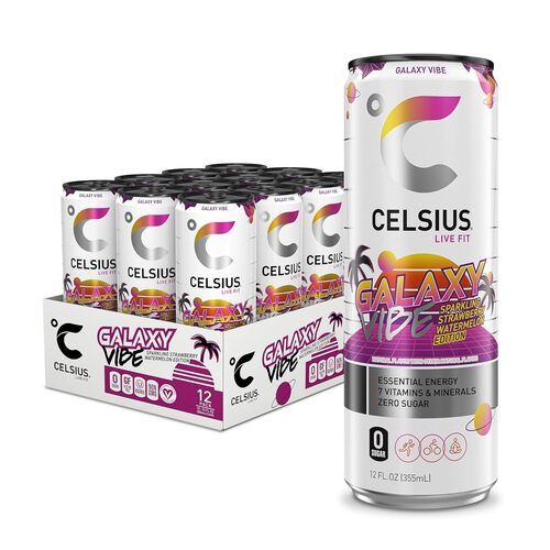 CELSIUS Galaxy Vibe, Sparkling Strawberry Watermelon Edition, Functional Essential Energy Drink, 0 Sugar, 12 fl oz, Pack of 12