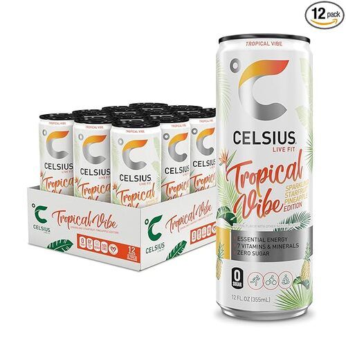 CELSIUS Tropical Vibe, Sparkling Starfruit Pineapple, Functional Essential Energy Drink, 12 fl oz, Pack of 12
