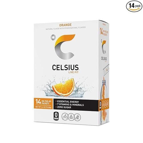 CELSIUS On-the-Go Powder Stick, Orange, Zero Sugar, 2.60 oz, 14 Sticks Per Pack