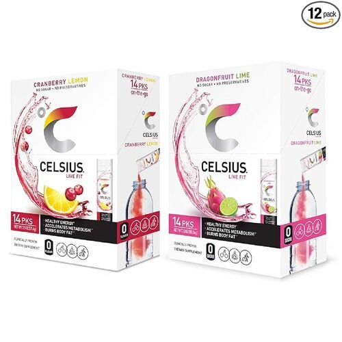 CELSIUS On-the-Go Powder Stick, Combo Pack of Dragonfruit Lime and Cranberry Lemon, 0 Sugar, 28 Piece Assortment