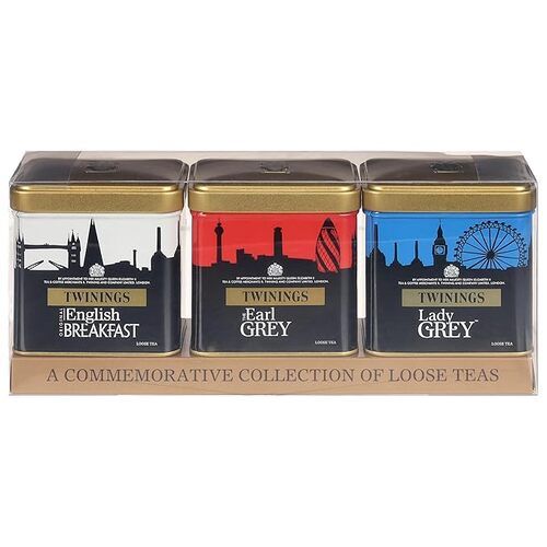 Twinings London Skyline Red, White, and Blue Commemorative Collection of Loose Leaf Teas, Includes Original English Breakfast, The Earl Grey, & Lady Grey Tins, 100g Tins, Pack of 3