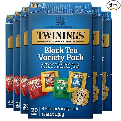 Twinings Black Tea Variety Pack, 4 Flavors, Includes English Breakfast, Early Grey, Irish Breakfast, and Lady Grey, Caffeinated, 20 Count, 1.4 oz, Pack of 6