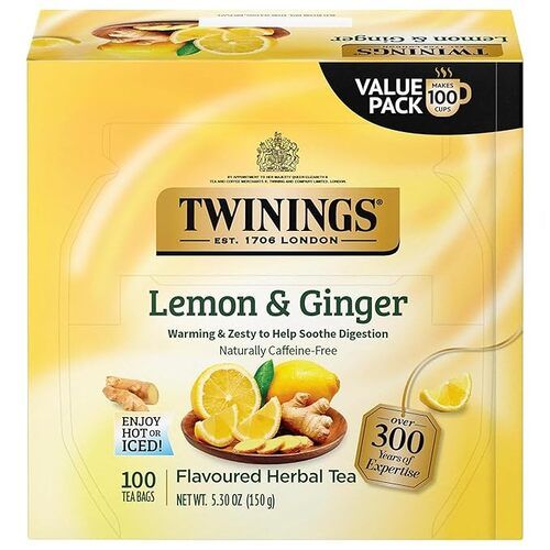 Twinings Lemon & Ginger Flavoured Herbal Tea, Naturally Caffeine-Free, Enjoy Hot or Iced, Packaging May Vary, Individually Wrapped Bags, 100 Count, Pack of 1