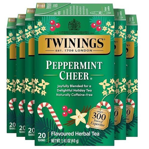 Twinings Peppermint Cheer Flavoured Herbal Tea, Individually Wrapped Bags, Naturally Caffeine-Free, 20 Count, Pack of 6