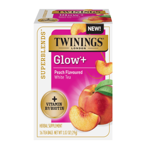 Twinings Superblends Glow+ Peach Flavoured White Tea, Vitamin B7/Biotin, Herbal Supplement, 16 Tea Bags, 1.02 oz