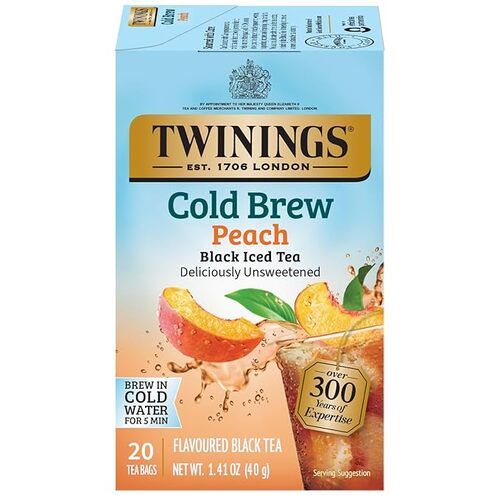 Twinings Cold Brew Peach, Flavoured Black Iced Tea, Deliciously Unsweetened, 20 Count, Pack of 1, 1.41 oz