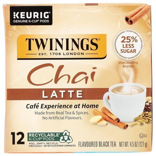 Twinings Chai Latte, Recyclable K-Cup Pods for Keurig, Flavoured Black Tea, Less Sugar, 12 Count, 4.5 oz