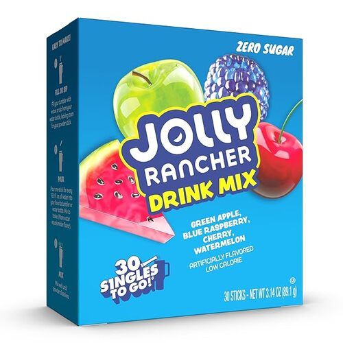 Jolly Rancher Drink Mix, Zero Sugar, Low Calorie, Green Apple, Blue Raspberry, Cherry, Watermelon, 1 Box, 30 Singles, 3.14 oz