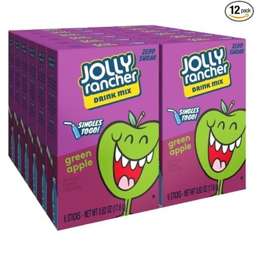 Jolly Rancher Singles To Go Drink Mix, Green Apple, Zero Sugar, 72 Total Servings, 0.62 oz, Pack of 12