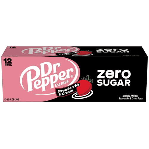 Dr Pepper Zero Sugar Soda, Natural & Artificial Strawberries & Cream Flavor, Cans, 12 oz, Pack of 2